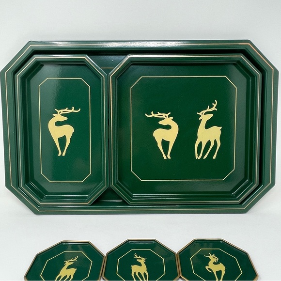 Vintage Serving Trays and Coasters Set Enesco Hunter Green Deer Made in Japan - Picture 6 of 16